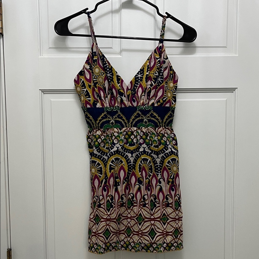 Aryeh 100% Cotton Vibrant Patterned Boho Beaded Babydoll Tank Top - Size Small